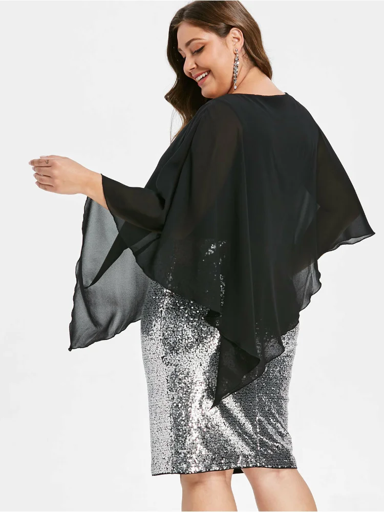 Sequin chiffon shawl dress plus size women clothing  v neck party dress