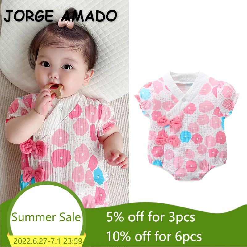 

Летняя детская одежда для девочек, боди с коротким рукавом, розовый цветочный комбинезон с V-образным вырезом, хлопковый комбинезон с бантом...