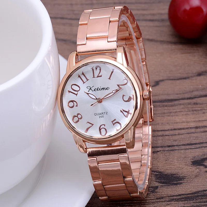 

Модные круглые кварцевые часы с розовым золотым циферблатом, повседневные наручные часы из нержавеющей стали, модные часы, водонепроницаем...