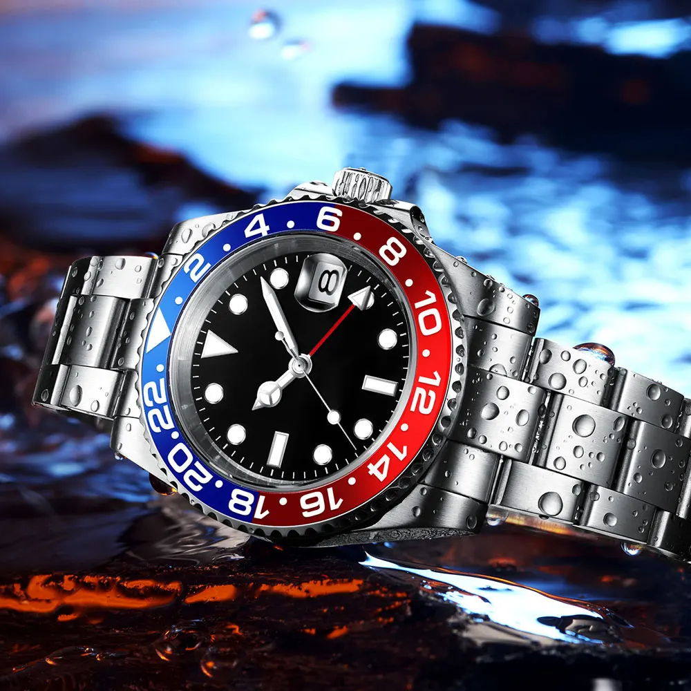 Мужские механические наручные часы с логотипом на заказ светящиеся GMT из