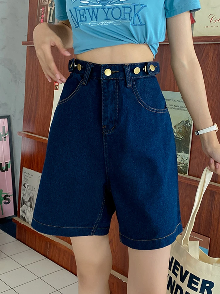 New Spring Summer Women Button Adjust Waist Loose Denim Shorts Casual Female High Waist Wide Leg Jeans Shorts Bottoms