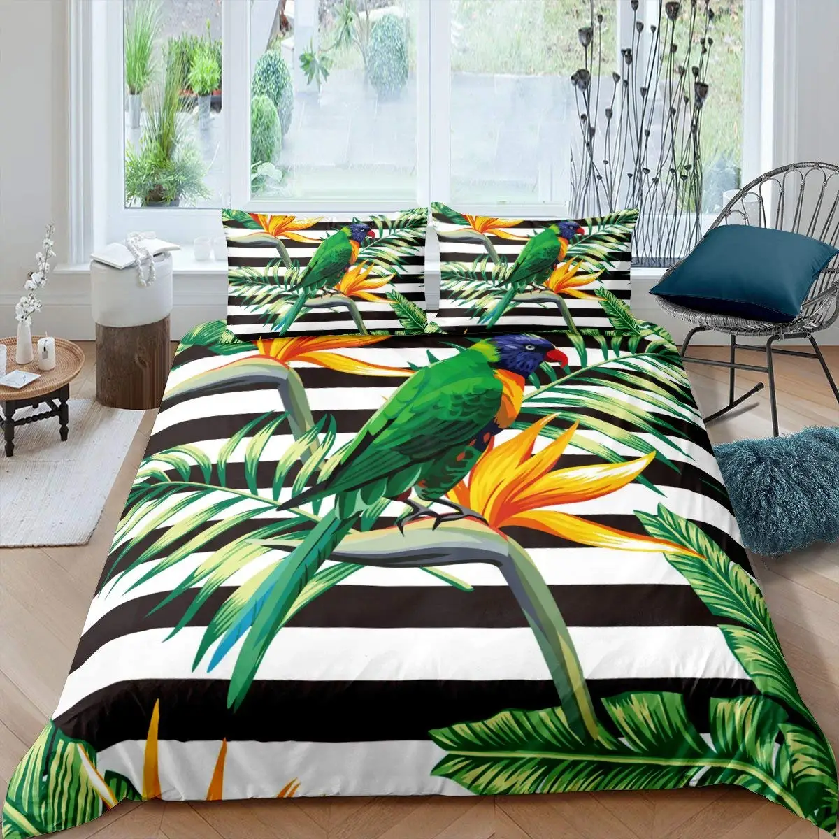 

Parrot Duvet Cover Set Black White Stripe Bedding Set Green Plant Palm Leaves Quilt Cover Bird Animal Polyester Comforter Cover