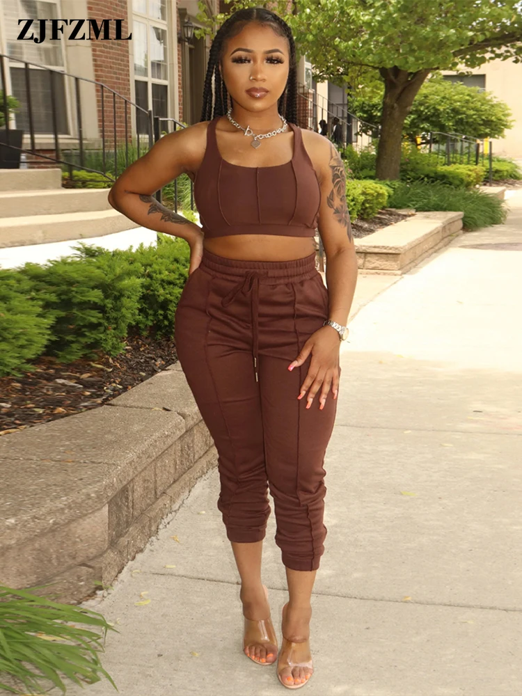 

Activewear Two Piece Lounge Sets Women O-neck Sleeveless Stretchy Tank Crop Top and Drawstring Waist Jogger Pants Female Outfits