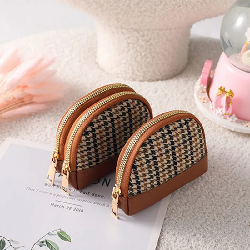 Canvas Coin Wallet Key Bag Clutch Bag Double Zipper Small Vintage Wallet New Cute Half Round Pu Coin Pockets Mini Cosmetic Bag