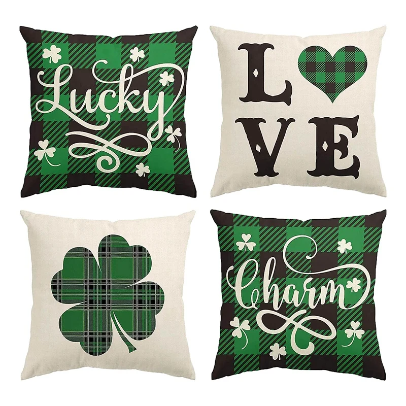 

PHFU-St Patricks Day Decorations Pillow Covers 18X18 Inch Set Of 4 For Irish Shamrock Home Decor Throw Pillows Cover