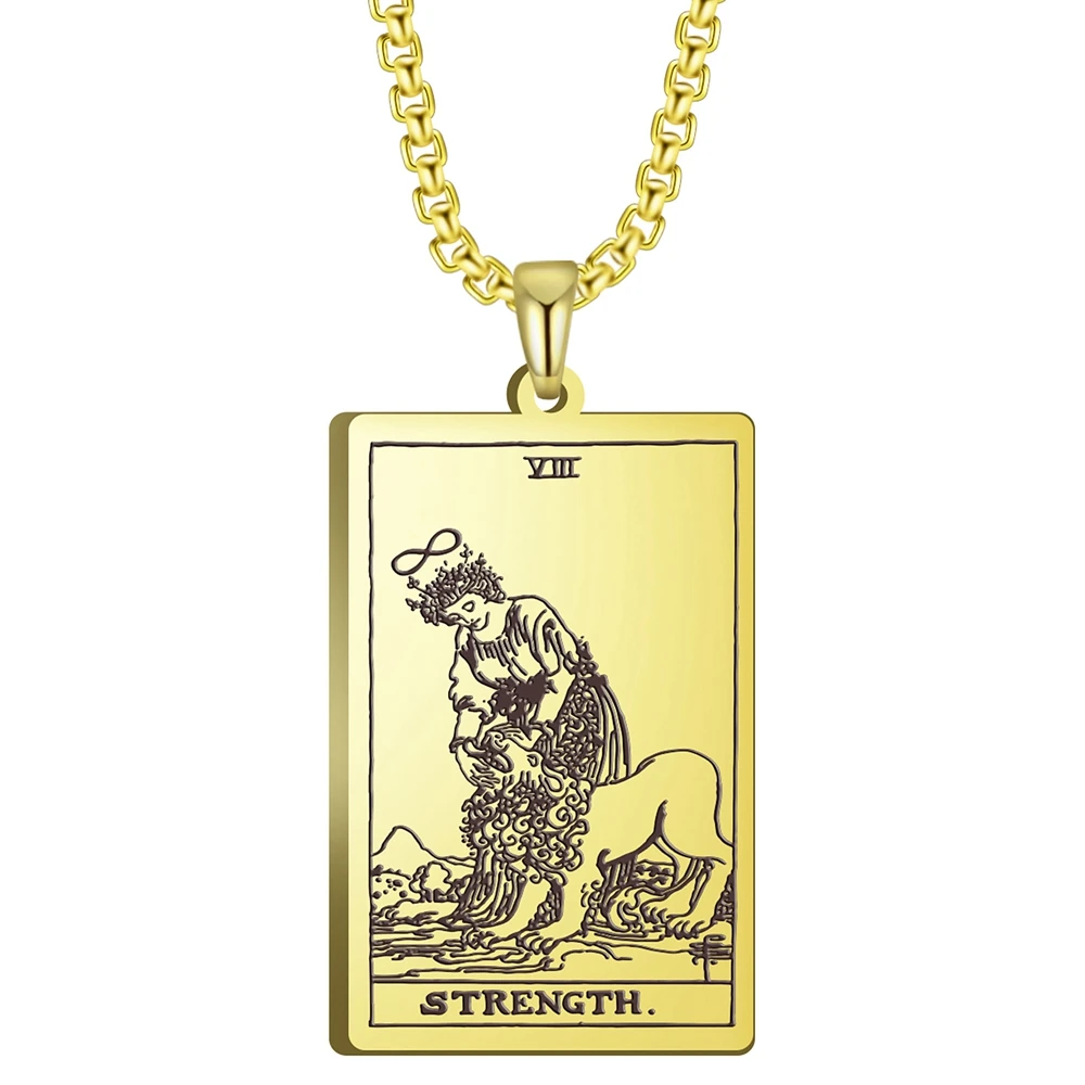 

Stainless Steel Jewelry 3 Colors Black Color Gold Color Steel Color 24x40mm Tarot Strength Pendant Necklace With 60cm Box Chain