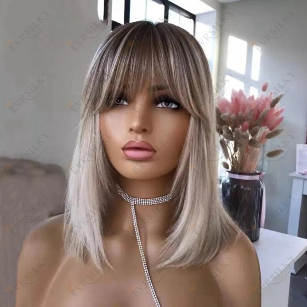 

180% Short Bob Highlight Wig Human Hair Ice Ash Blonde Straight Lace Front Wig With Bangs Transparent Lace Wigs For Women Fringe