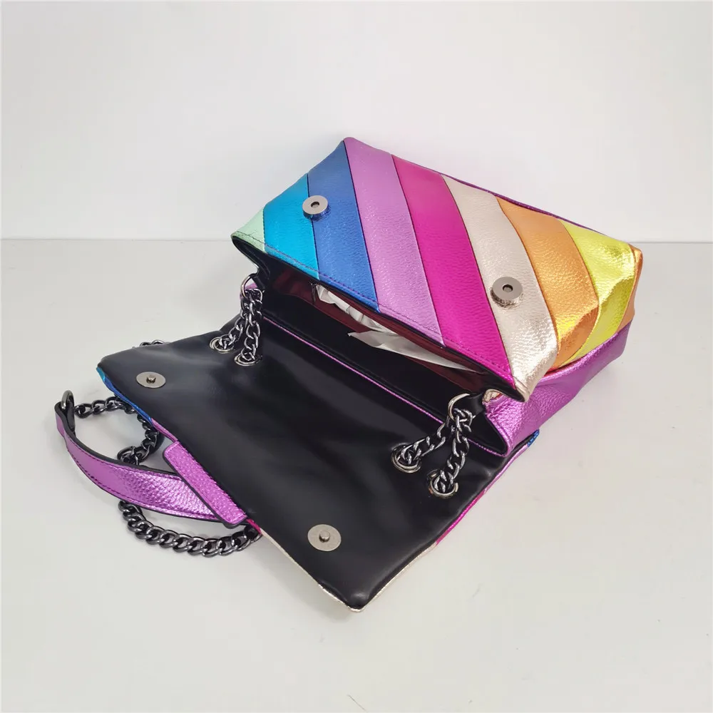 

Women Colorful Rainbow Handbag Eagle Head On The Front Flap Jointing Crossbody Bag Patchwork Pu Leather Shoulder Bag