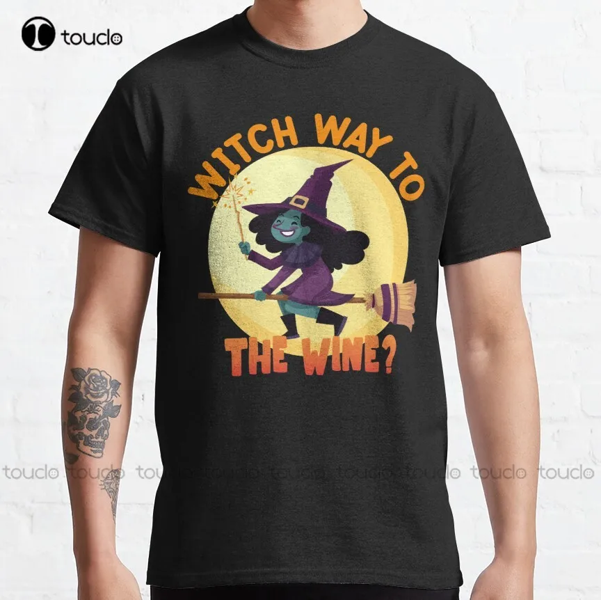 

Witch Way To The Wine -Funny Halloween Pun Classic T-Shirt Brown Shirt Custom Aldult Teen Unisex Digital Printing Tee Shirt