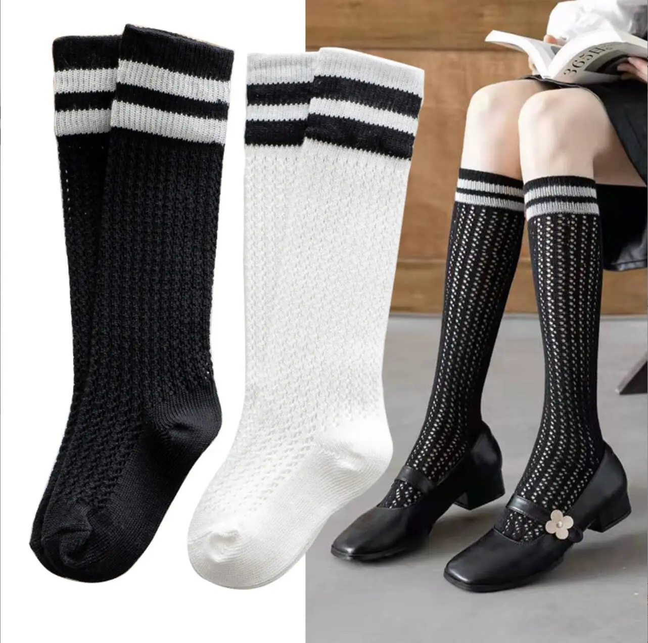 

Big Girls Socks Summer Cozy Cotton Mesh Knee High Long Socks for Teenager Girls Sailor Style Soft Breathable Child Uniform Socks