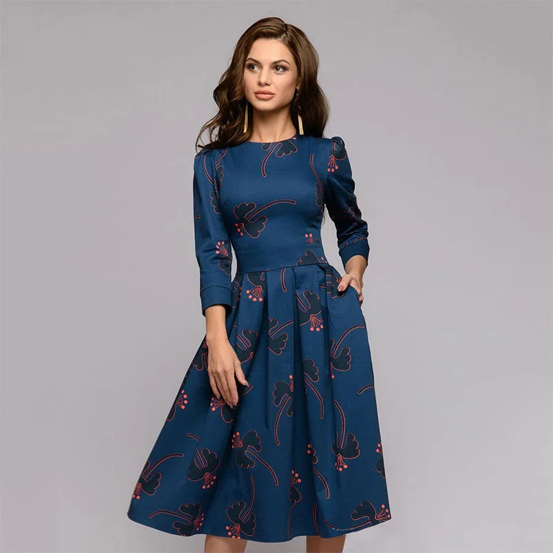 

Women Blue Floral Pleated Crew Neck High Waist A Line Long Sleeve Dress Girls Retro Color Elegant Summer Party Evening Dresses