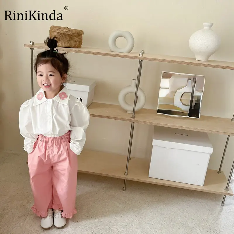 

RiniKinda 2022 Autumn New Kids Baby Puff Sleeve Blouse Floral Lapel Cotton Blouse Shirts For Girls Children's Clothes Tops