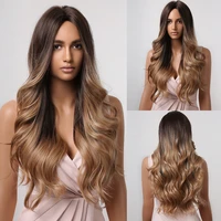 long wavy synthetic wigs ombre brown wigs for african%c2%a0american women daily use wigs natrual looking heat resistant fiber