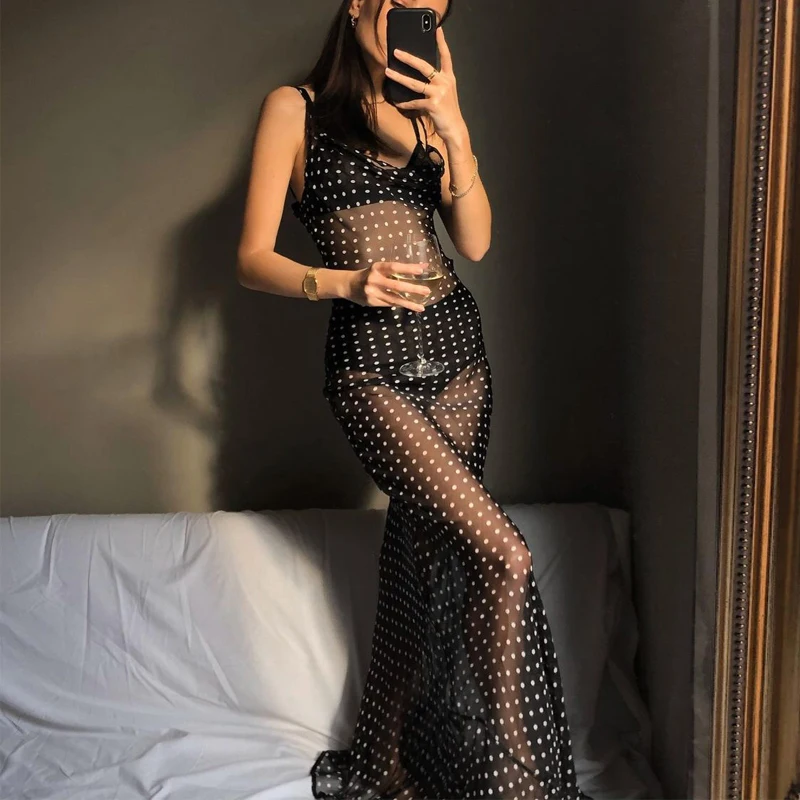 

Sexy Spaghetti Straps Dresses for Women 2021 Autumn and Winter New Mesh See-through Sleeveless Bandage Point Print Maxi Dress