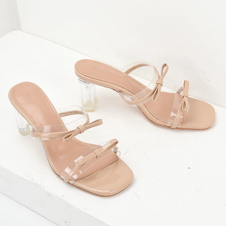 patent leather bow transparent temperament female crystal French high-heeled thick-heeled sandals slippers female