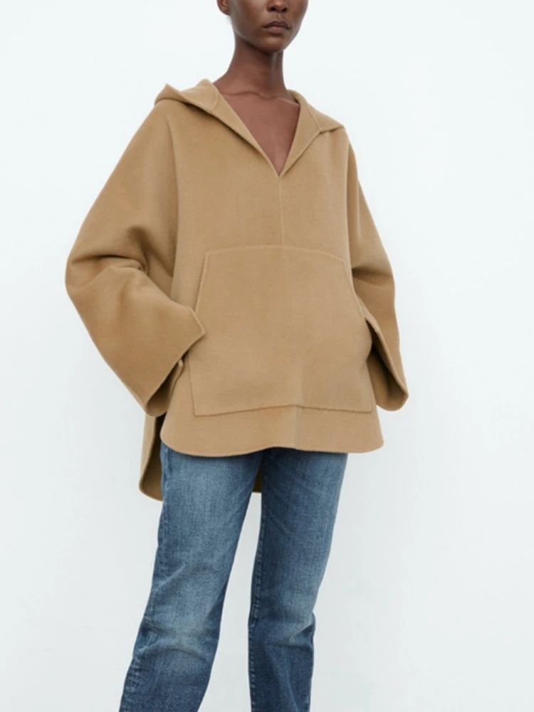 

2022 Autumn and Winter New Solid Color Double-sided Wool Hooded Sweater Women Loose Woolen Coat