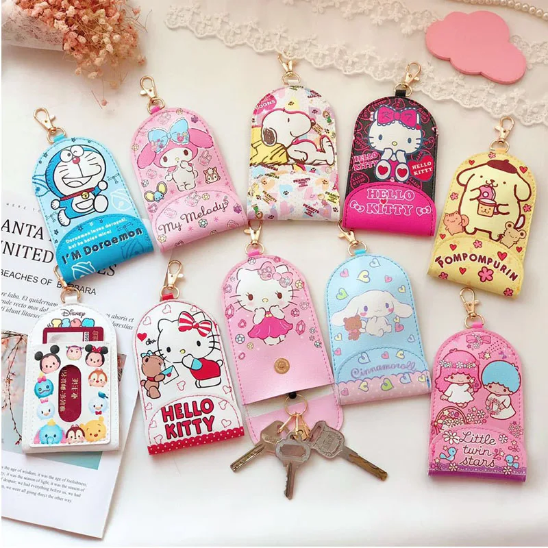 Kawaii Sanrioed Anime Cinnamoroll My Melody Cartoon Telescopic Key Case Id Card Holder Bus Cards Cover Case Key Chain Key Ring