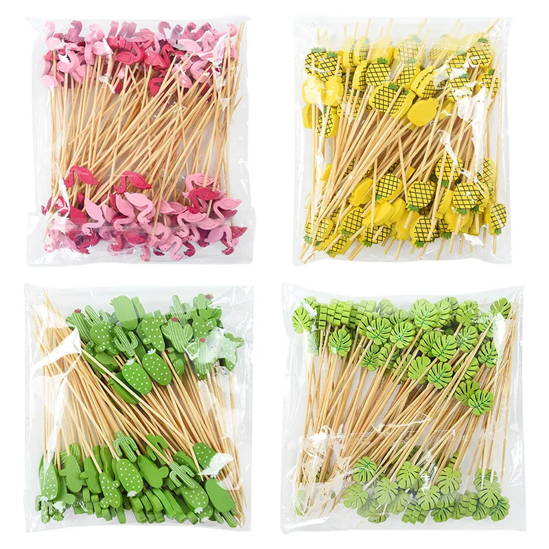 

100Pcs Disposable Bamboo Salad Fruit Fork 3D Pineapple Flamingo Toothpick Stick Summer Bar Cake Cocktail Supplies Hawaiian Decor