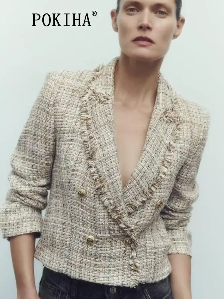 

Pokiha Fashion Women New Elegant Double Breasted Tweed Short Blazer Coat Vintage Long Sleeve Female Outerwear Chic Vestes Femmes