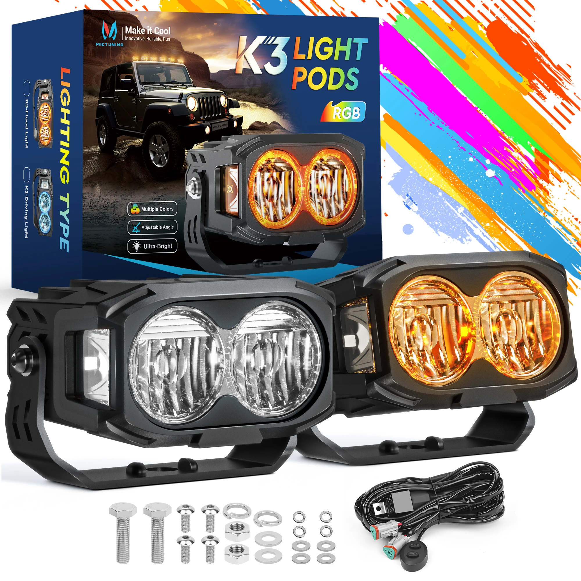 

MICTUNING 1 пара K3 4-дюймовые светодиодные фонари RGB для бездорожья, светодиодные рабочие фары, бар, прожектор