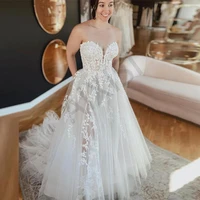 happiness wedding dresses appliques tulle illusion bride vestido strapless a line sleeveless slit charming robe de mariee