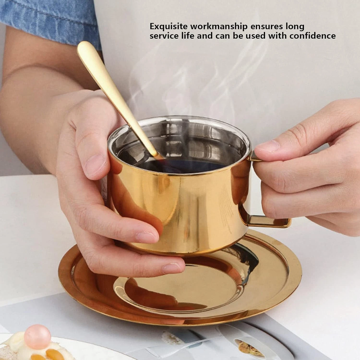 Stylish Durable and Convenient Gold Stainless Steel Tea Cup with Saucer - 30 oz for Hot Drinks Ideal Restaurants Cafe