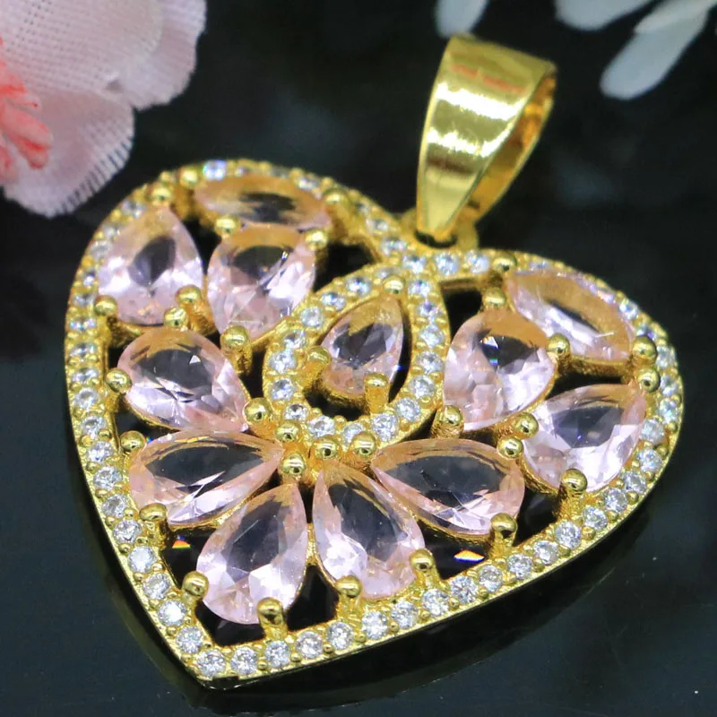 

31x24mm Highly Recommend Heart Shape 3.2g Pink Kunzite White CZ Women Dating 14k Gold Silver Pendant