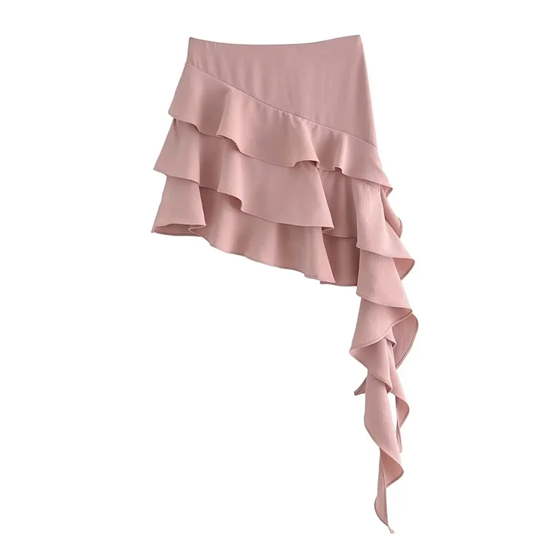 

TRAF Frilled Miniskirt For Woman 2023 Summer New Pink Fairy Style Asymmetric Hem with Ruffled Finish High Waisted Short Skirt