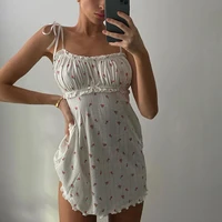 summer floral printed cottagecore white dress ladies a line short sleeveless spaghetti strap dresses casual ruched tie up dress