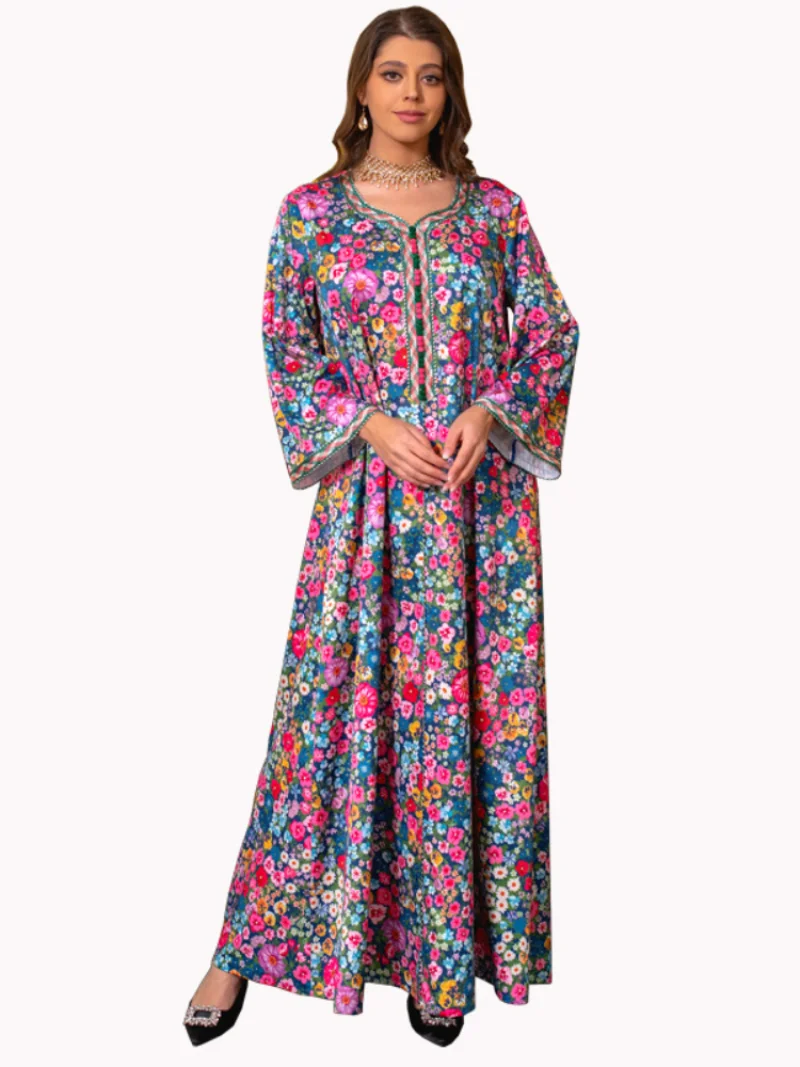 Eid Muslim Women Abaya Morocco Party Dress Abayas Elegant Prayer Floral Long Sleeve Robe Dresses Ramadan Musulman Maxi Vestidos