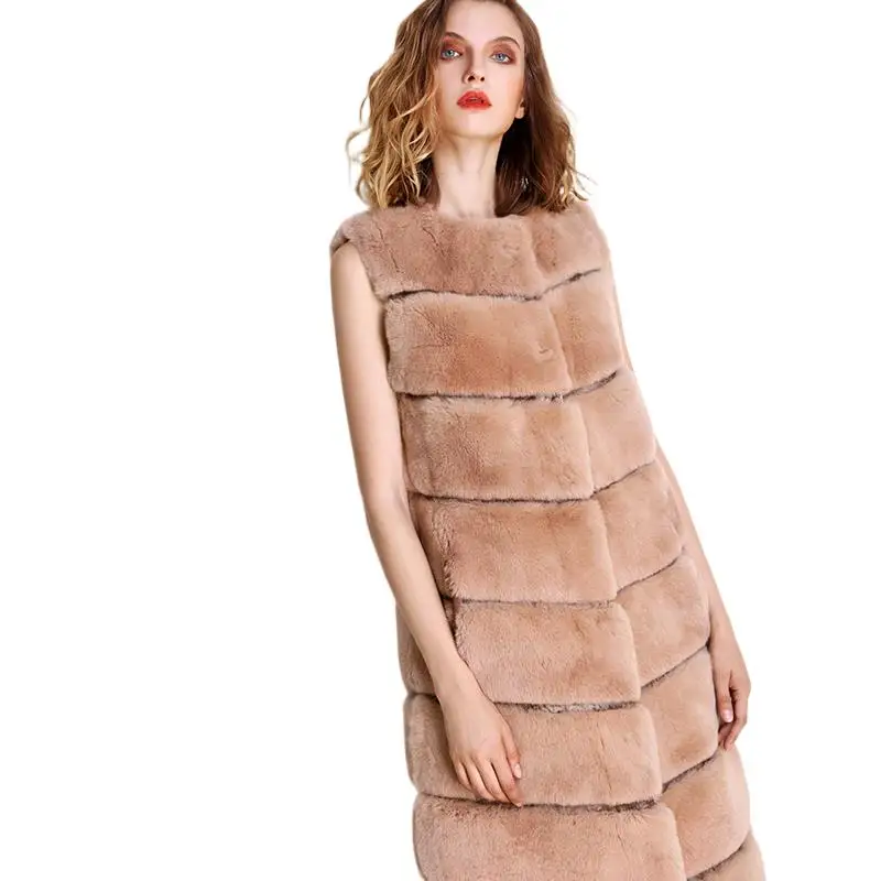 Women Real Rabbit Fur Long Vest Winter Soft Warm Thick Outwear Rex Rabbit Fur Ladies Sleeveless Coat Mid-length Natural Fur Vest