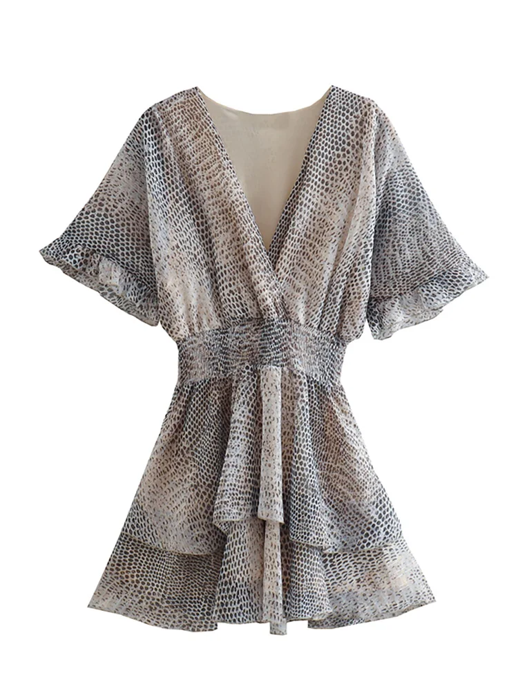 

Летнее платье женское шифоновое платье с рюшами и отделкой металлической нитью, v-образный вырез, короткий рукав, эластичный пояс, винтажное...
