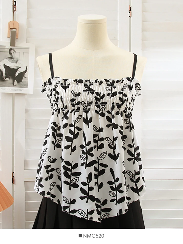 

Женские летние майки, Корейская плиссированная Свободная рубашка на бретельках с принтом деревянных ушей, новая модная универсальная коро...