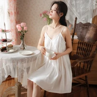 suspender cotton nightdress female summer palace wind princess sweet lace sexy medium length pajamas wear embroidered home