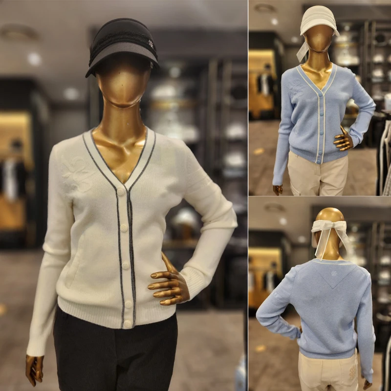 

Standrbws Autumn And Winter Golf Clothing Women's Knitted V-neck Cardigan Buckle Cashmere Warm Slim Long Sleeve T-shirt