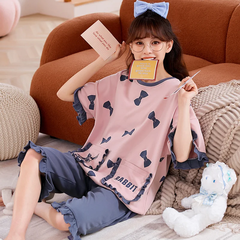 Cotton Pajama Sets Women Two Piece Short Sleeved Clouds Printing Knitted Homewear Pajamas Sets Pyjamas Ladies Sleepwear Pijamas