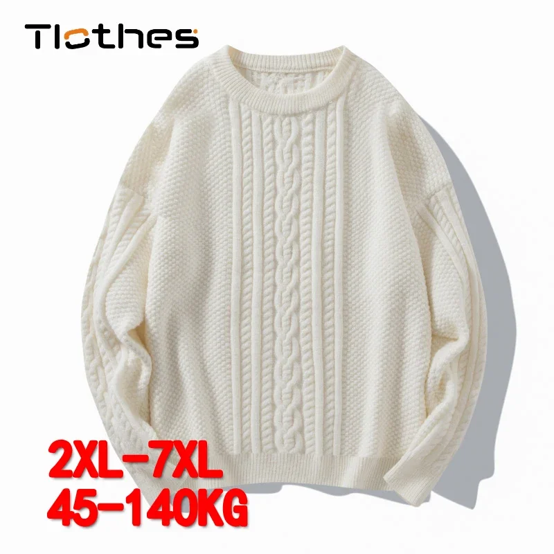 White Classic Cable Knit Sweater Men Chunky Cream Woven Crewneck Knitted Pullover Fall Winter Sweaters Man