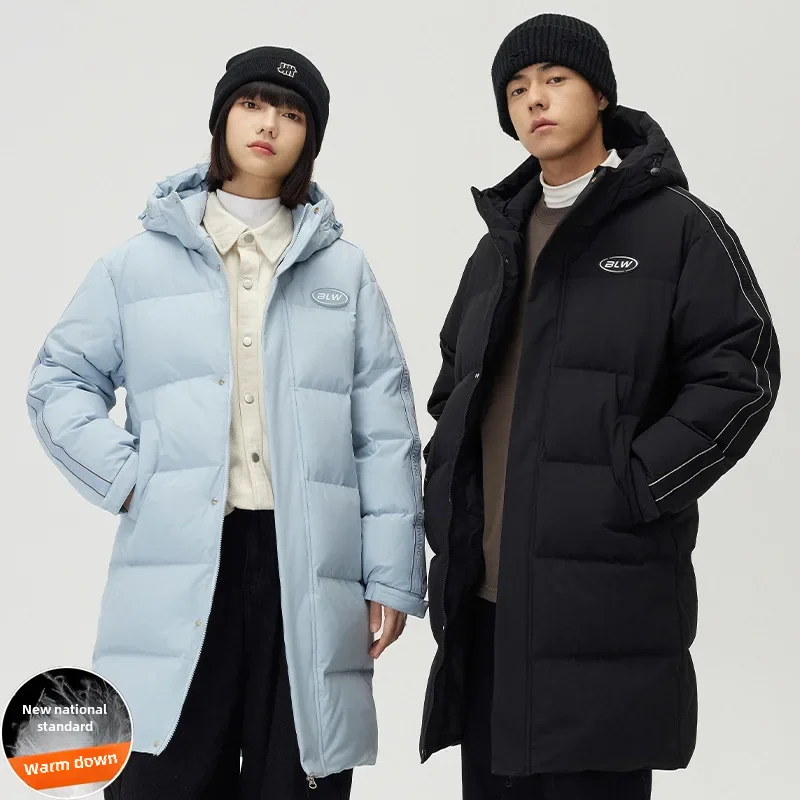 Белое пальто на гусином пуху средней длины утолщенное с капюшоном 90% хлопок