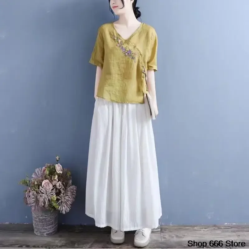 Летний винтажный тонкий хлопковый льняной топ с вышивкой в этническом стиле