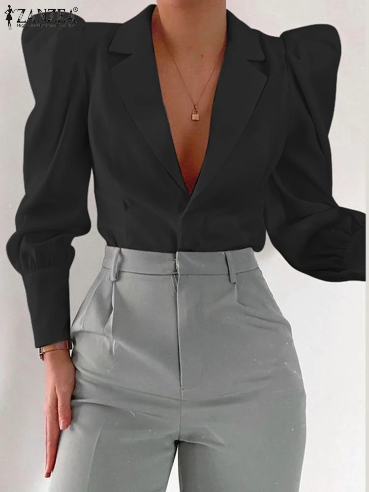

Women Puff Long Sleeve Blouse ZANZEA Elegant Solid Color Tops Fashion Autumn Lapel Button Blazer Shirt Oversized 2023 Chic Blusa