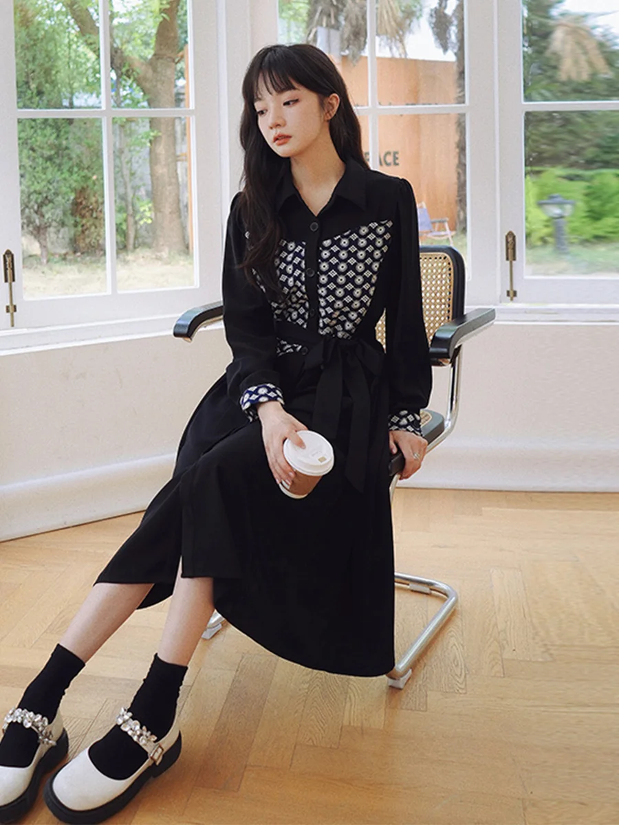 

Женское винтажное платье-рубашка, черное повседневное облегающее платье во французском стиле с цветочным принтом и длинным рукавом, модель...