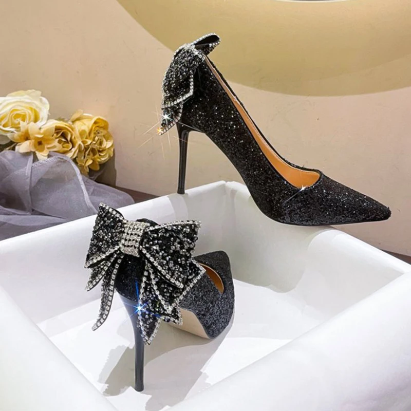 

Rimocy Shiny Bowknot Thin Heels Pumps Women Slip-On Bling Crystal Party Shoes Woman Sexy Pointed Toe Glitter High Heels Shoes