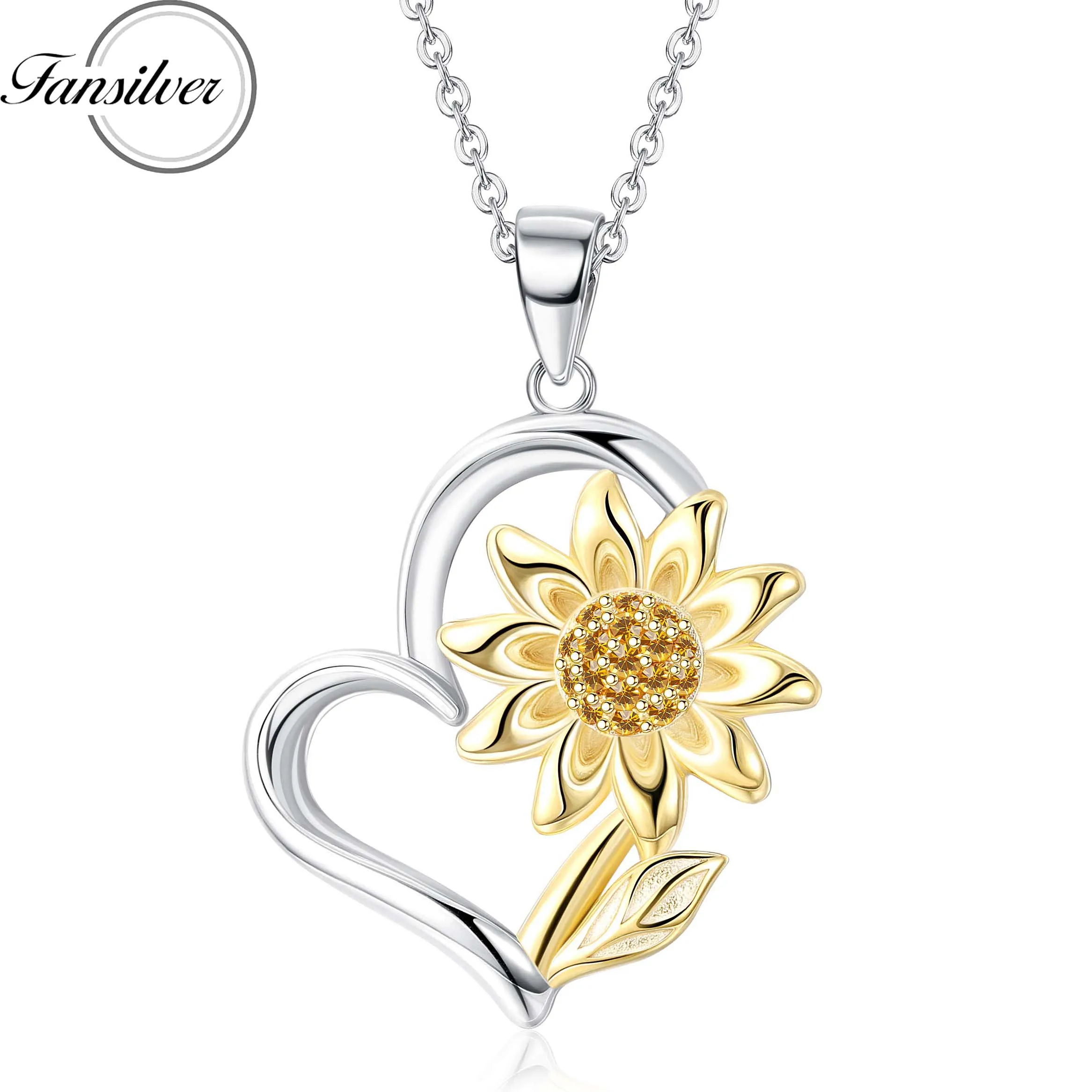 

Fansilver 925 Sterling Silver Necklace 14K Gold Plated Sunflower Heart Pendant Neck Chain with Shiny Cubic Zirconia Cute Jewelry