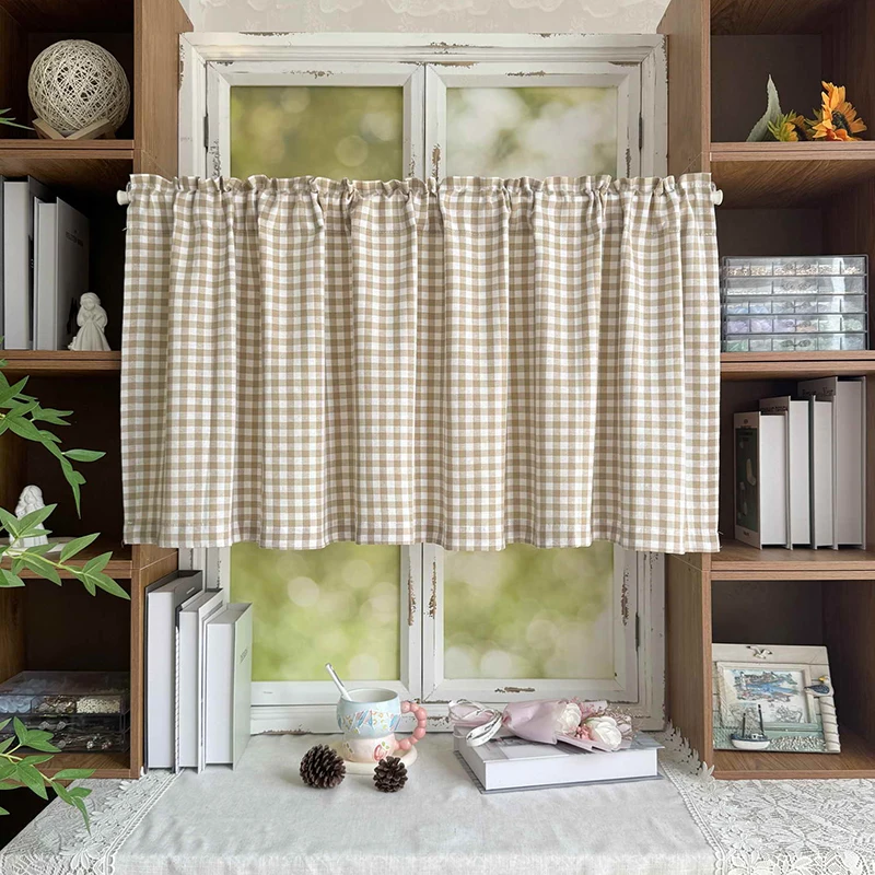 Шторы Тияна, клетчатые, светло-коричневые, полузатемняющие