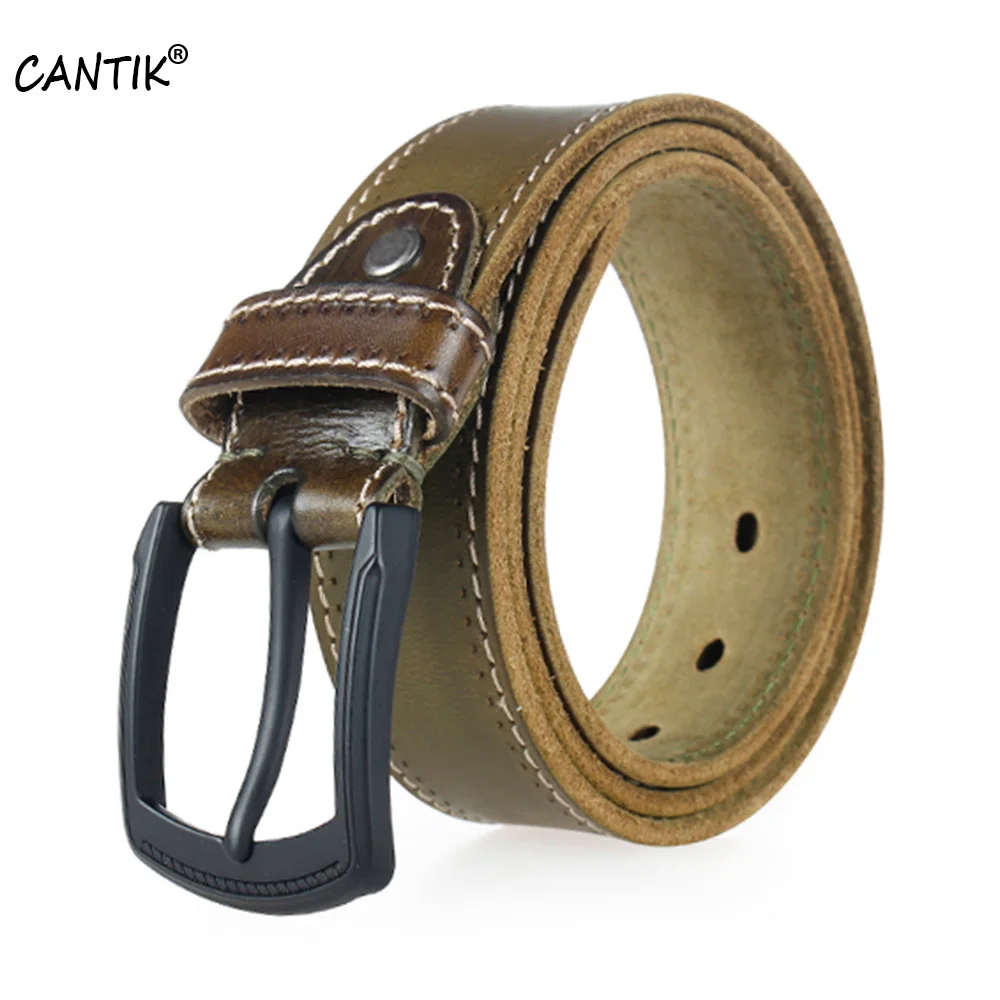 CANTIK Top Quality Cow Genuine Leather Green Belts Jeans Accessories for Men Men's Retro Model Pin Buckle Male 3.8cm Width 534