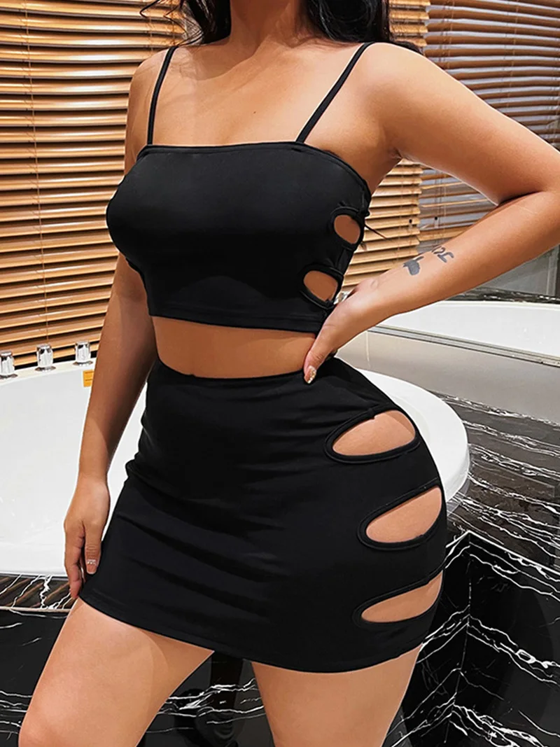 

2022 Women Spring Hollow Out Mini Skirt Set Solid Black Bodycon Summer High Waist Sexy Spaghetti Strap 2 Two Piece Set Female