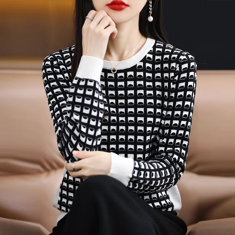 

Свитер из искусственной шерсти женский пуловер с круглым вырезом новинка осень-зима клетчатые Топы облегающее модное вязаное базовое пальто