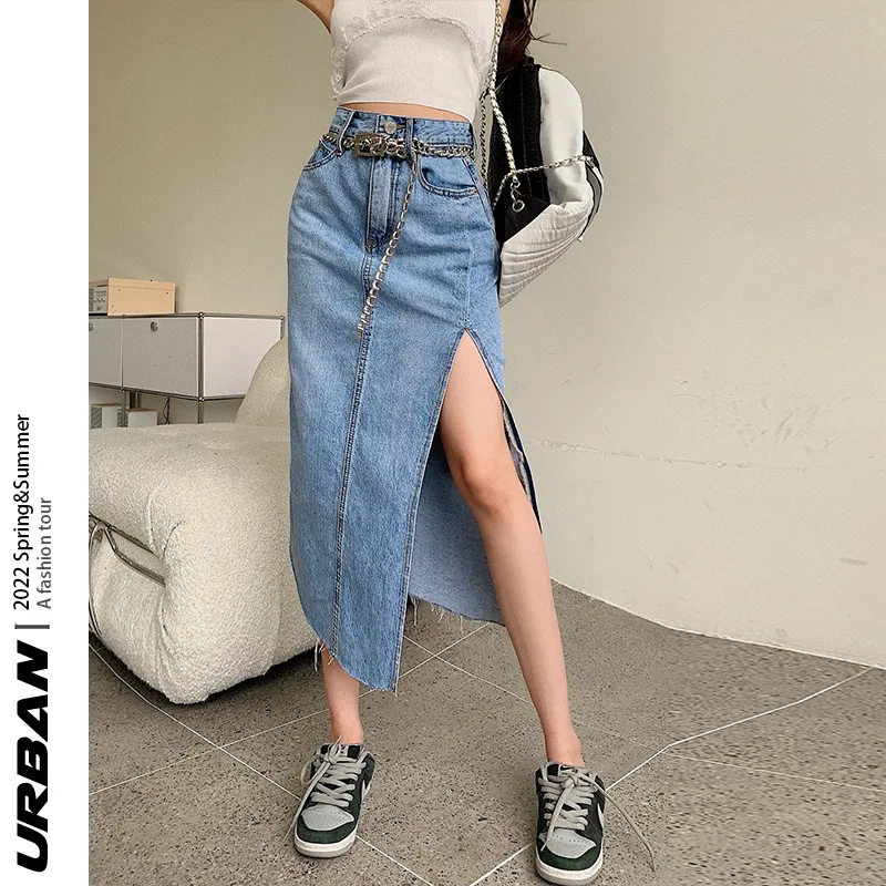 

Woman Skirt Denim Knee Length Streetwear Straight Jeans Skirt Maxi Casual Pocket High Waist Women High Slit Skirt Long