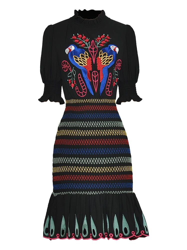 

Designer Fashion 2022 Summer New High Quality Women's Party Casual Sexy Vintage Elegant Short Sleeves Embroidered Black Dress