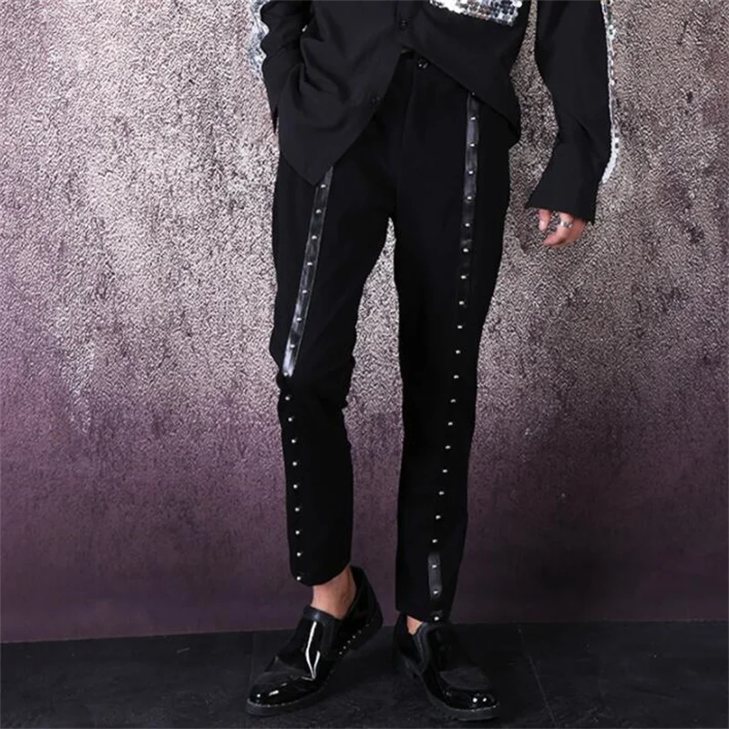 Black rivet pencil pants men's stage dance ninth trousers trendy casual clothes nightclub singer hairstylist trendy